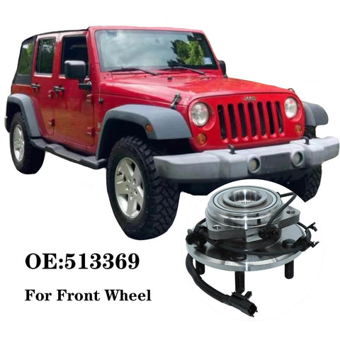 Front Wheel Bearing And Hub Assembly For Jeep Wrangler JK 2011 2018 4WD 5 Lug With ABS, displayed with a red Jeep Wrangler JK