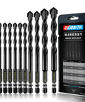Go-To 11-Piece Carbide Masonry Drill Bit Set With Quick Change One Quarter Inch Hex Shank For Concrete Stone Tile Brick Ceramic Glass Metal Plastic And Wood Case Included Sizes Five Thirty-Second, Three Sixteenths, One Quarter, Five Sixteenths, Three displayed with packaging