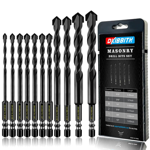 Go-To 11-Piece Carbide Masonry Drill Bit Set With Quick Change One Quarter Inch Hex Shank For Concrete Stone Tile Brick Ceramic Glass Metal Plastic And Wood Case Included Sizes Five Thirty-Second, Three Sixteenths, One Quarter, Five Sixteenths, Three displayed with packaging