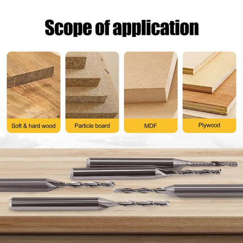 Illustration showing application materials and CNC Router Bits Set For Wood PVC MDF Hardwood 10 Pack With 1/8 Inch Shank And 1/16 Inch Cutting Diameter Carbide End Mills Includes O Flute Downcut Upcut 2 Flute Straight Ball Nose Bits For Engraving And Sign Making on a wooden surface.