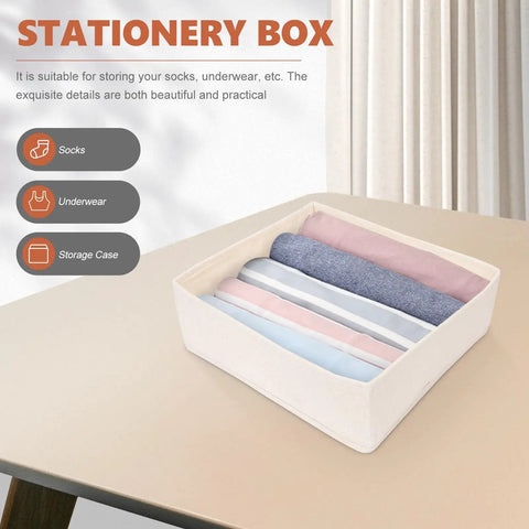 Foldable Beige Closet Storage Basket Straighten Your Space Fast Soft Polyester Cotton Linen Drawer Organizer For Socks Undies And Ties Keep The Mess Low Key Neat on a table.