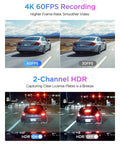 Comparison of A329S 4K Dash Cam Front And Rear For Cars at 60fps and 30fps, showcasing HDR on and off for license plate clarity.