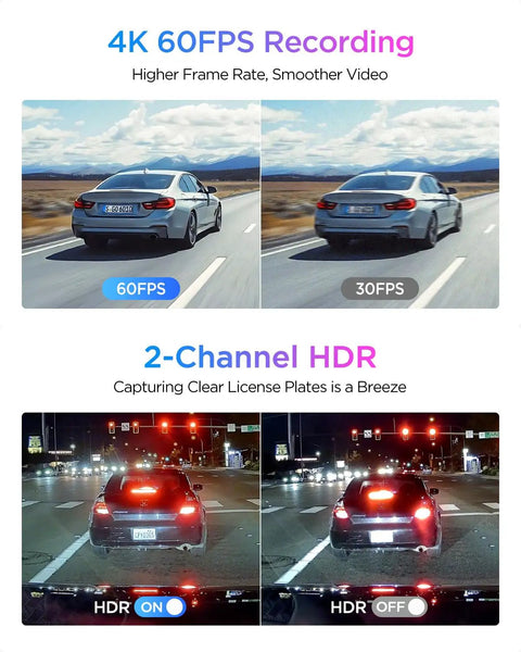 Comparison of A329S 4K Dash Cam Front And Rear For Cars at 60fps and 30fps, showcasing HDR on and off for license plate clarity.