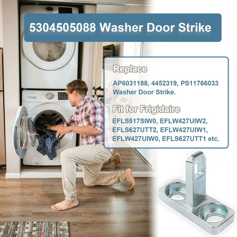 Reliable Washer Door Strike Replacement Latch Receiver Compatible For Frigidaire Electrolux Appliances straight swap installation shown in laundry room.