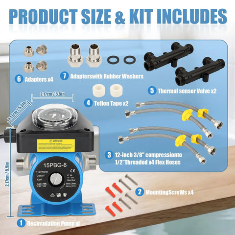 Next Level Hot Water Recirculating Pump Kit With Digital Programmable Controller For Home Heaters components and size details.