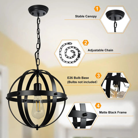 Matte black frame industrial pendant with adjustable chain and E26 bulb base in a spherical design for modern interiors