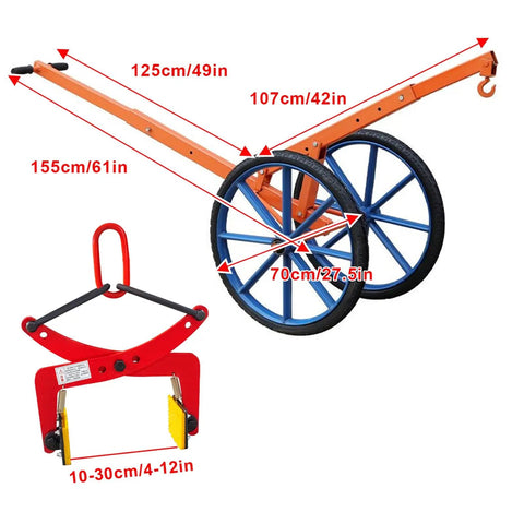 Heavy Duty Adjustable Lid Lifter Dolly With Air Ride Wheels And Rock Solid Clamps For Hauling Massive Stones Concrete And Floor Tiles showing measurements and parts.
