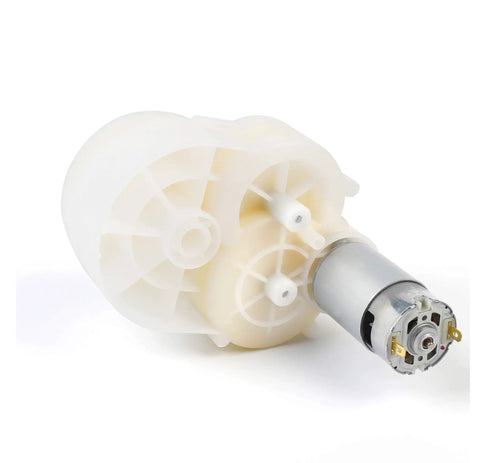 Close-up of 12V Motor and Gearbox Replacement Kit for Ride On Toys showing plastic and metal components