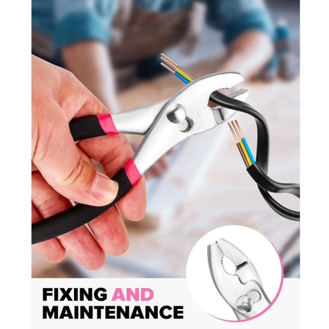 Person using pliers from Pink 39-Piece Home Tool Set With Plastic Toolbox for home repairs and crafting projects.