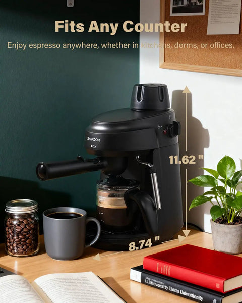 Compact 4 Cup Espresso Maker With Milk Frother For Cappuccino And Latte Fast 800W Heating System Easy To Use Home Espresso Machine 3.5 Bar Boiler Black on counter