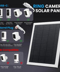 Diagram of 8W Solar Panel Charger For Stick Up Cam Plus Pro Spotlight Cam Plus Pro Outdoor Cameras With USB-C compatibility.