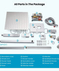 All parts of 12 Inch Shower Faucet Set With Slide Bar, Rain Shower Head And Handheld Spray, Complete Shower System laid out.