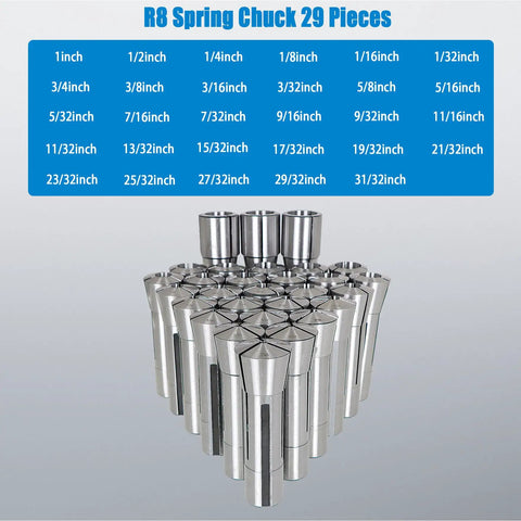 R8 Collet Set 31/32 to 1 Inch Fits R8 Mill Spindle Taper Bore With 0.0006 TIR 29 Pack of steel collets displayed