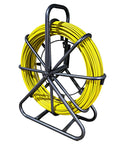 Fiberglass Fish Tape Pro Duct Rodder with Heavy Duty Cable Puller and steel stand for wire installation, coiled on durable frame.