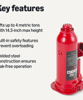 Amazon Basics red hydraulic bottle jack, 4-ton capacity, welded steel construction, side view.
