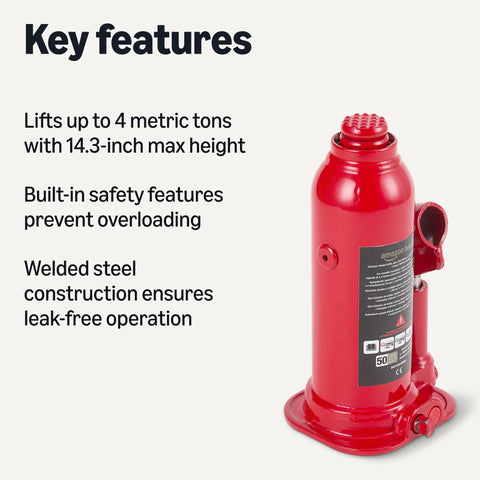 Amazon Basics red hydraulic bottle jack, 4-ton capacity, welded steel construction, side view.