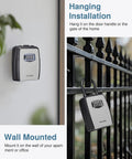 Large Key Lockbox With Hook Resettable Combination Waterproof Wall Mount Box With Shackle For Outdoor And Home Key Storage 1 Pack Gray Detachable Hook shown mounted on wall and fence