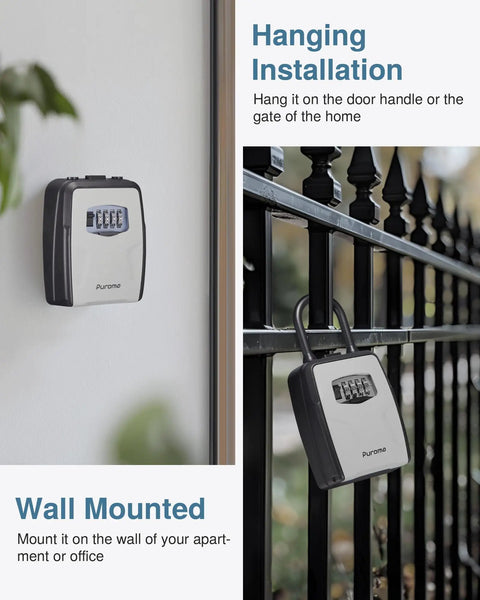 Large Key Lockbox With Hook Resettable Combination Waterproof Wall Mount Box With Shackle For Outdoor And Home Key Storage 1 Pack Gray Detachable Hook shown mounted on wall and fence
