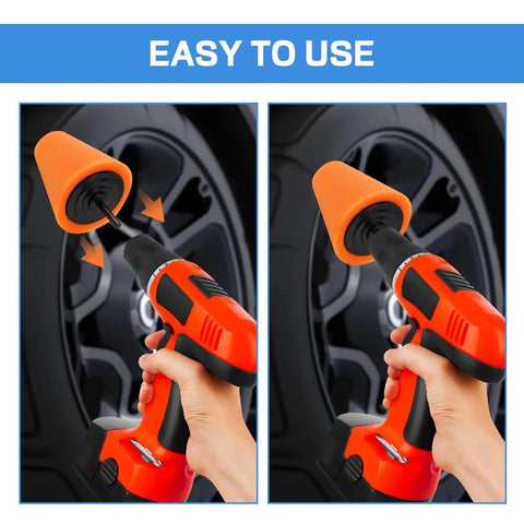 Using 5 Piece Car Buffing Sponge Pads Kit For Drill Attachment with wheel hub, showcasing foam pad polishing action.