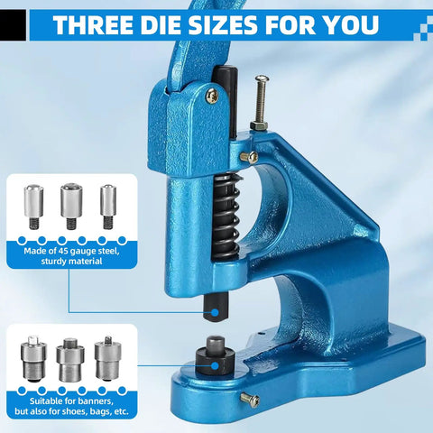 Blue Three Die Hand Press Grommet Machine With Size 0 2 4 Dies And 1500 Grommets Kit For Banners Shoes And DIY Projects.
