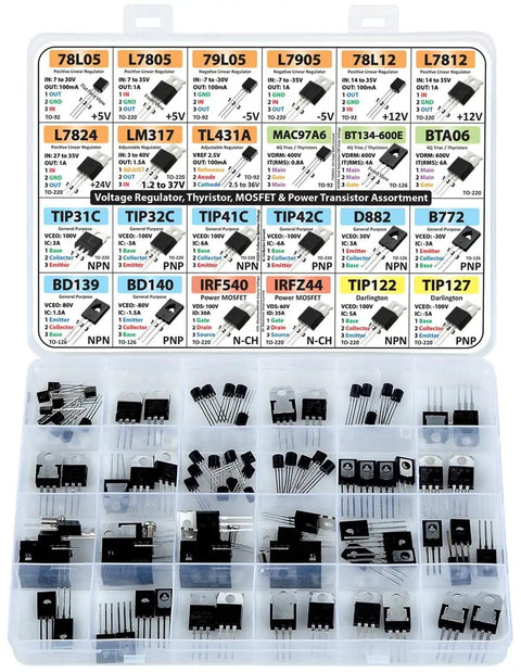 Power Transistors, MOSFETs, Thyristors And Voltage Regulators Assortment Kit, 82 pieces in labeled box with components visible