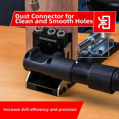 All Metal Pocket Hole Jig Kit With Quick Clamp And Dust Collection For Easy Use, Pro Grade 3 Hole Jig System in use on wood