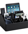Straight Up Sturdy PU Leather Desk Organizer With Five Compartments Sleek Black Design holds phones and scissors, perfect for home office use.