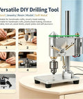 3.8 Inch Electric Mini Bench Drill Press With Cast Iron Base For Woodworking Jewelry DIY Metal Drilling Tool Stepless Variable Speed 400 To 4500 RPM And Wide Jaw Capacity Clamping Range on a table top.