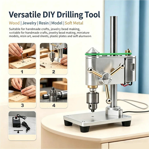 3.8 Inch Electric Mini Bench Drill Press With Cast Iron Base For Woodworking Jewelry DIY Metal Drilling Tool Stepless Variable Speed 400 To 4500 RPM And Wide Jaw Capacity Clamping Range on a table top.