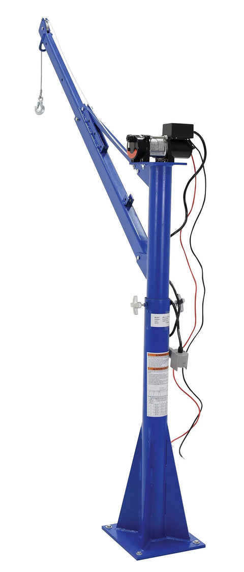 Supercharged 12V DC Powered Jib Crane With Rock Solid Steel Frame And 1500 Lb Capacity showcasing a blue steel hoist with 66 inch outreach and hook.