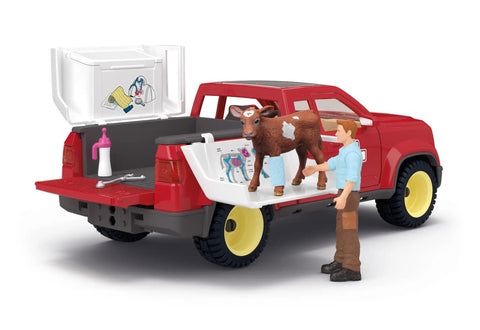 Farm Vet Playset With 29 Piece Veterinarian Figures Truck Cow Figurine And Accessories Kid Friendly 3 Plus Realistic Vet Hospital Role Play On The Farm For Fun showing vet loading cow into truck