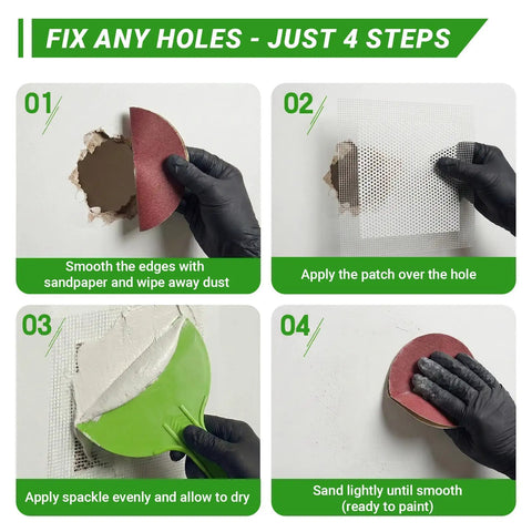 Step-by-step guide using 12-Inch By 12-Inch Drywall Repair Kit With 4 Big Patches, Heavy-Duty Aluminum Self-Adhesive Mesh to fix holes.
