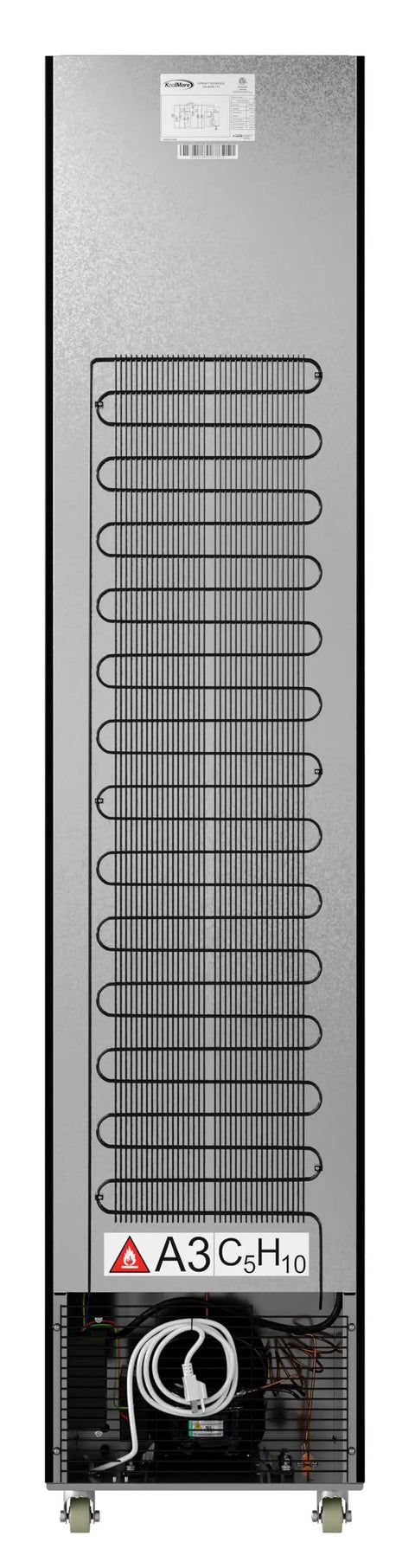 Back view of Slick Commercial Display Freezer With 6.5 Cubic Feet Capacity And 17 Inch Slim Profile showing cooling system and wheels.