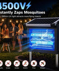 Outdoor Solar Bug Zapper With 4500V Electric Grid And 10W Solar Panel in garden setting at night