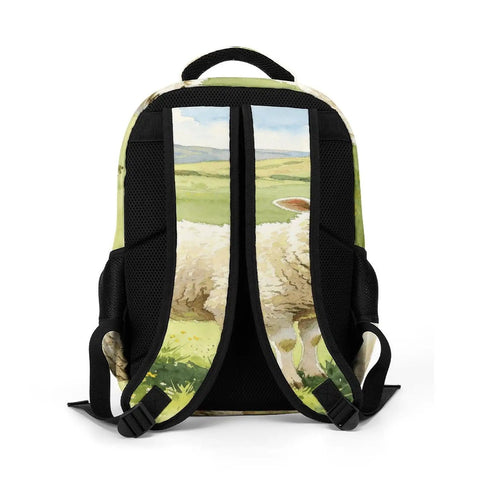 Back view of Watercolor Meadow Sheep Printed Backpack For Everyday Use Unisex Large Capacity Daypack Durable Polyester