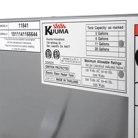 Premium 11 Gallon Marine Electric Water Heater 120 Volt With Front Heat Exchange aluminum spec label showing capacity and requirements.