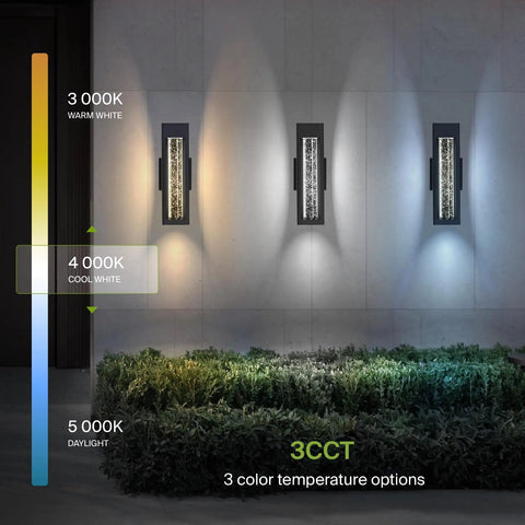 14 Inch Front Wall Light Fixture Outdoor Sconce Black 12W 600LM Waterproof Dimmable 3CCT 3000K 4000K 5000K ETL Listed Exterior Garage Lighting 2 Pack Bundle showing 3 color temperatures on wall