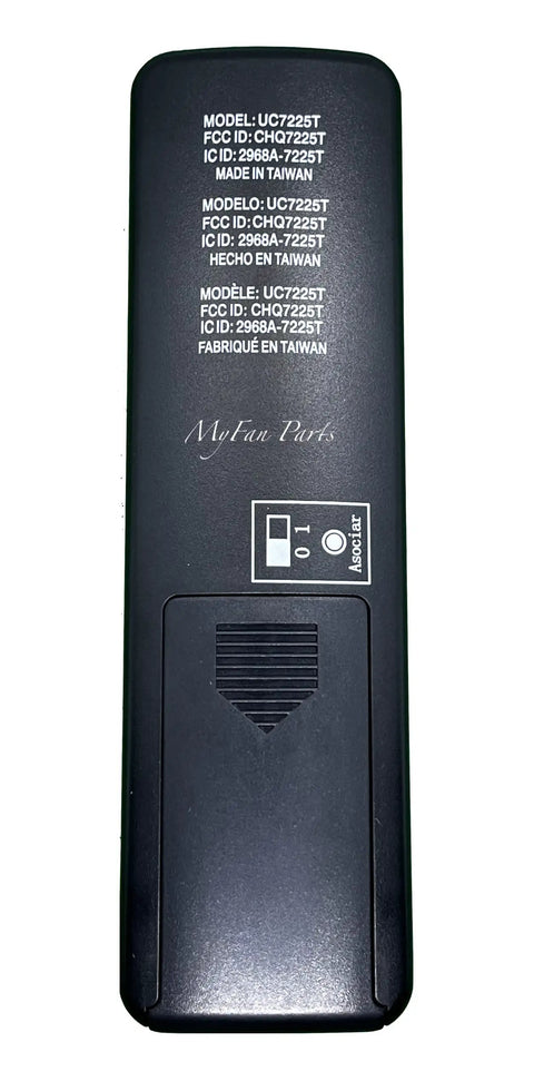 Back view of UC7225T Replacement Remote With Wall Mount Holder For TR198A, Black, showing model details and battery compartment.