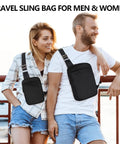 Couple wearing unisex sling bags with RFID blocking, ultra lightweight travel chest pack, anti theft front pocket