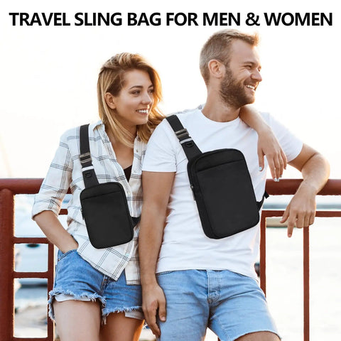 Couple wearing unisex sling bags with RFID blocking, ultra lightweight travel chest pack, anti theft front pocket