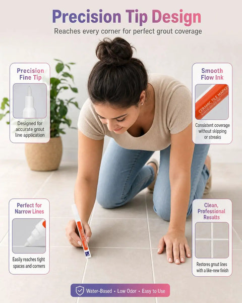 Person using Grout Fix Pen For Tile Grout Lines Waterproof Tile Repair Marker For Ceramic Walls And Floors Quick DIY Refresh In Kitchen Bathroom With Bright White Finish on floor tiles.