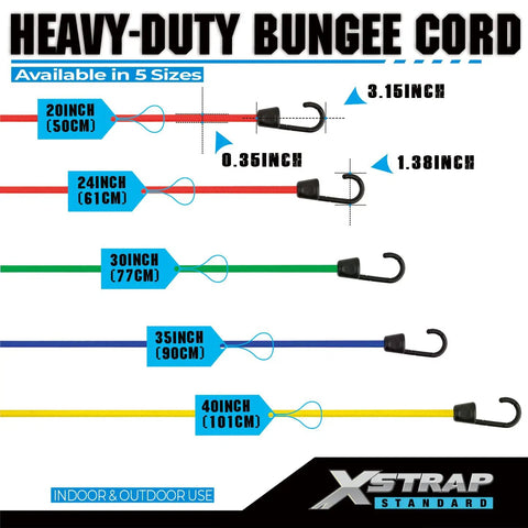 Heavy Duty Bungee Cord Kit With Hooks, 20 Piece Set In 20 24 30 35 40 Inch Lengths, Plastic Coated Hooks Keep Scratches Away, size guide