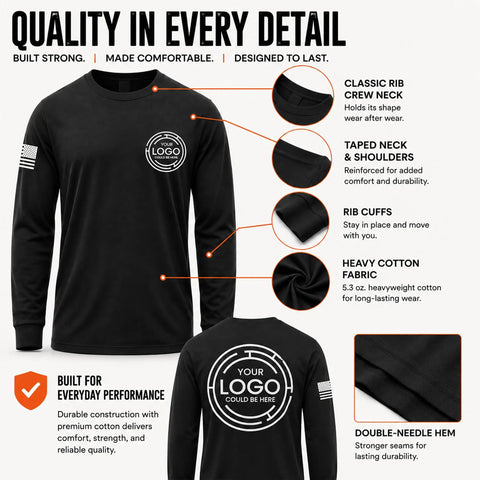 Three Pack Long Sleeve High Visibility Black Work Tees For Men Custom Logos Company Uniforms Heavy Duty Cotton Blend Safety Shirts featuring rib crew neck and heavy cotton fabric.