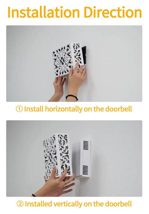Installation of Doorbell Chime Cover Box Only White Wall Mount Door Bell Cover With Wood Piano Finish Decorative Chime Box Standard Size 7.63 x 5.94 Inches shown horizontally and vertically on wall.