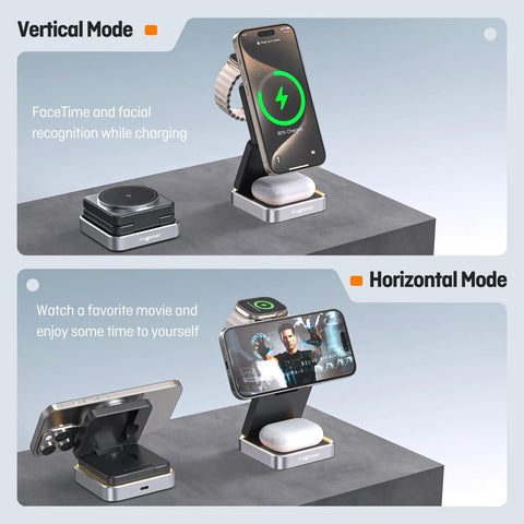 3 In 1 Magnetic Wireless Charger Station Foldable With Light showing vertical and horizontal phone modes