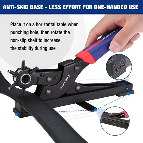 Heavy Duty Rotary Leather Hole Punch Kit With Six Size Options for Belts Dog Collars Watch Bands, tool in use on leather strip