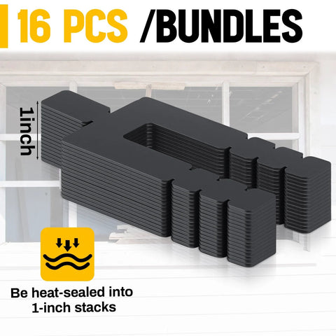 Black plastic stack shims for windows and doors, 1/16 x 3-1/2 inches, bulk 1000 in 1-inch stacks.