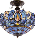 Tiffany Style Ceiling Light Fixture With Blue Purple Cloudy Stained Glass Semi Flush Mount Lamp 16 Inch Wide And 15 Inch Tall Antique Green Bronze Finish Hardwired Design For An Old School Vibe