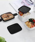 Two Tier Bento Box On The Go Meal Prep Container with two open layers of food, spoon, leakproof and microwave safe 1000 ml