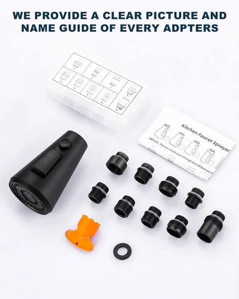Heavy Duty Pull Down Kitchen Faucet Head Replacement Delivering Crisp Stream And Powerful Spray Nozzle With Nine Universal Adapter Kits For Moen Delta Kohler American Standard Matte Black Setup Zero Fuss Cleanup with adapter guide.